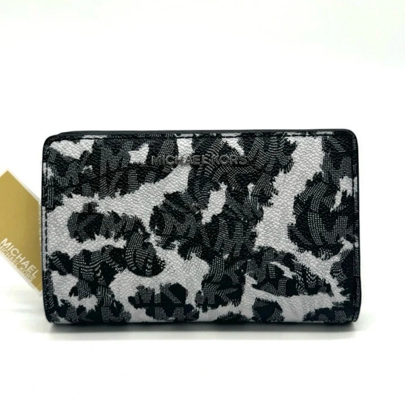 Michael Kors Medium Empire Leopard Logo Snap ZA Wallet Black Multi - Picture 2 of 10